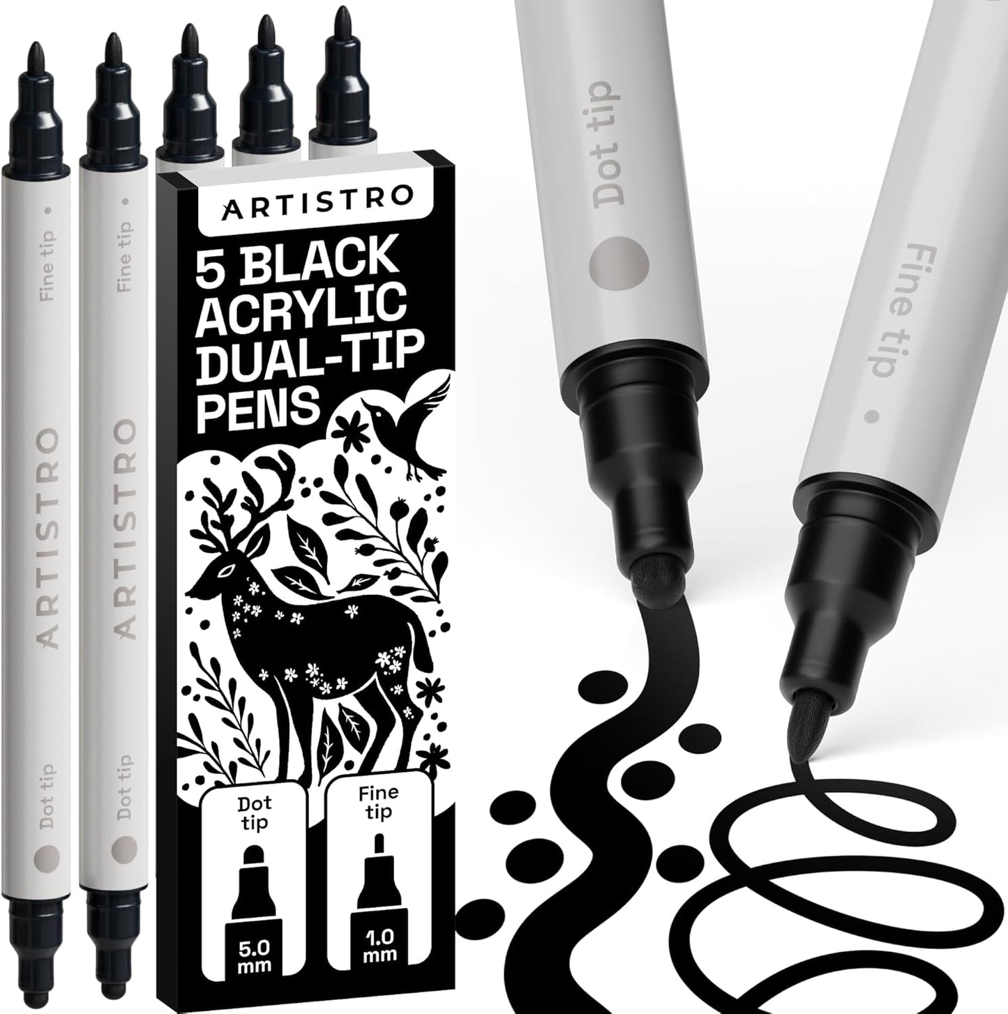 ARTISTRO 5 Black Dual-Tip Acrylic Paint Pens for Rock, Ceramic, Glass, Wood, Fabric - Black Markers for Acrylic Painting, 5mm Dot + 1mm Fine Tips