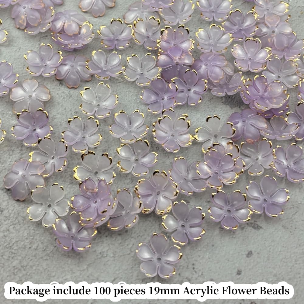 100pcs Acrylic Flower Beads, 19mm Cherry Blossom Plastic Gradient Flower Spacer Beads for DIY Crafts Bracelet Necklace Earrings Jewelry Making(Purple)