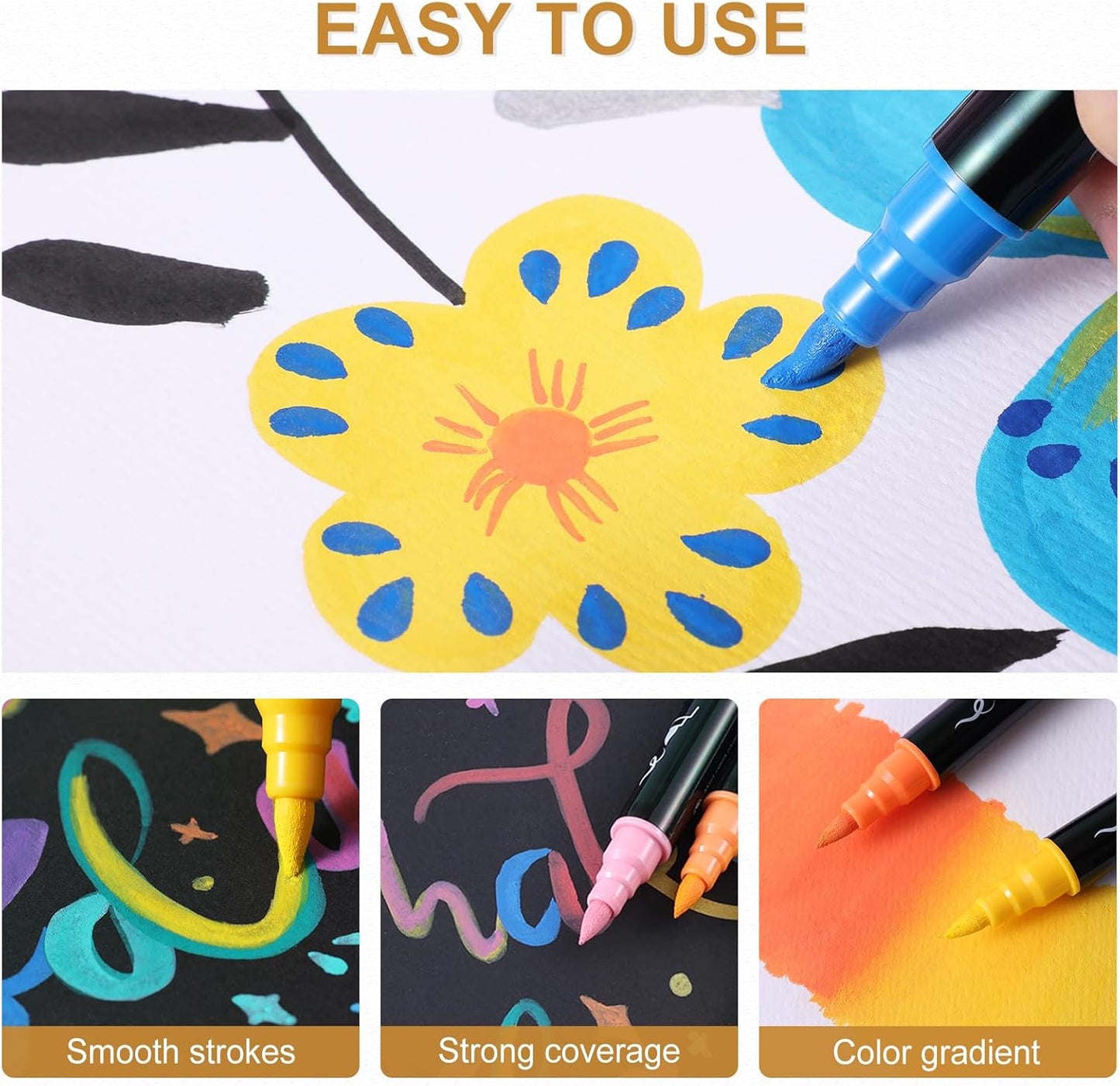 TOSAHRE Acrylic Paint Pens Markers 100 Colors Waterproof Dual Tip Acrylic Markers Set with Brush & Fine Tip Coloring Pens for Rock Painting Wood Scrapbook Fabric Glass Ceramic DIY Craft Art Supplies