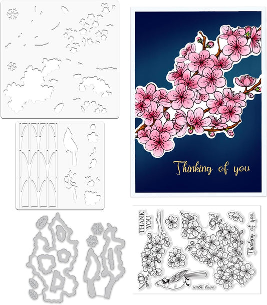 ORIGACH Realistic Winter Plum Blossom Stamps and Dies and Layering Coloring Stencil Set, Silicone Stamps Metal Die Cut and Flower Stencil Template for Card Making Scrapbooking DIY Crafting