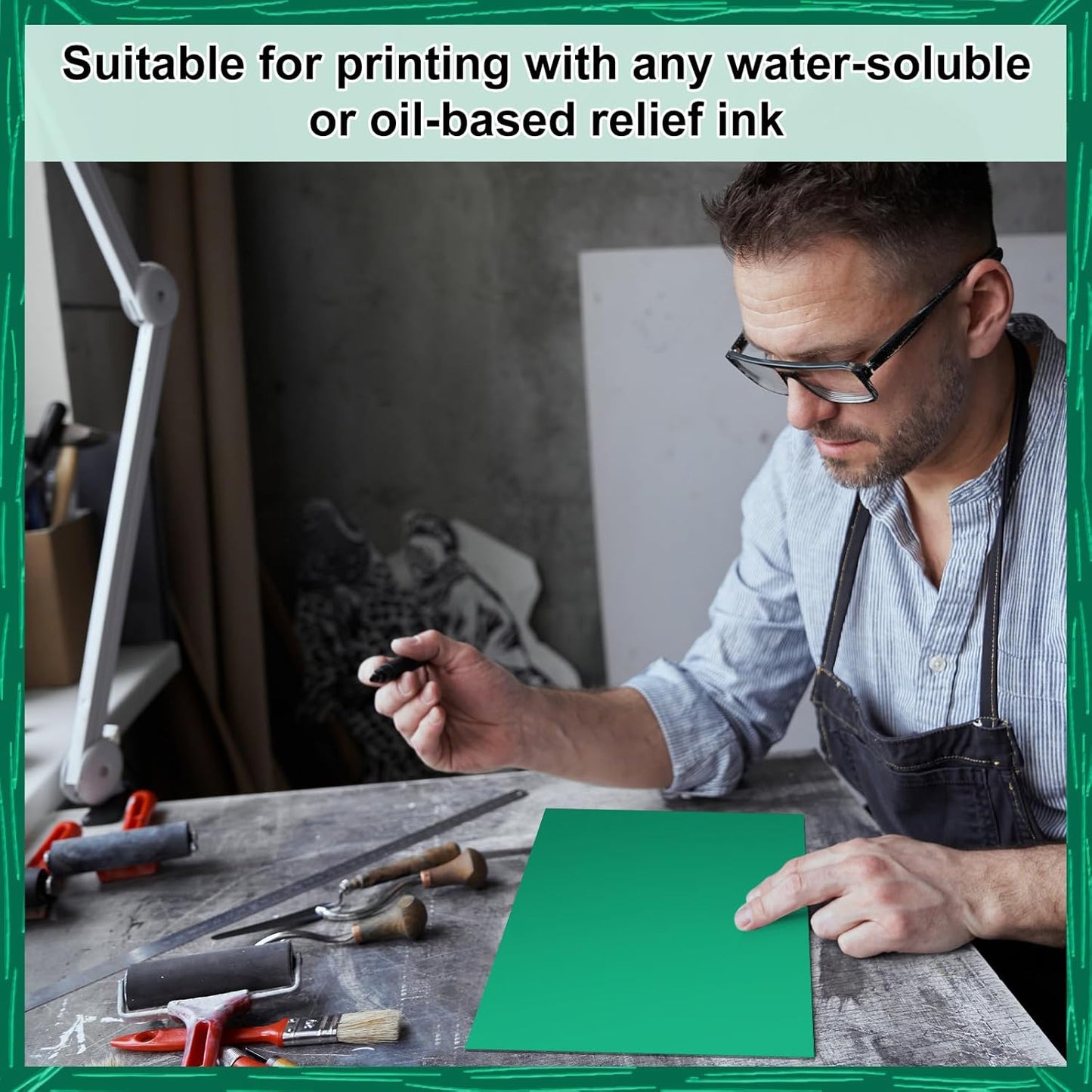 Yeaqee 8 Pcs Linoleum Block Rubber Carving Block Soft Linocut Blocks Large Linoleum Sheet Unmounted Lino Plates for Engraving Art Project Printmaking Artist Studio Supplies (8 x 10 Inch,Green)