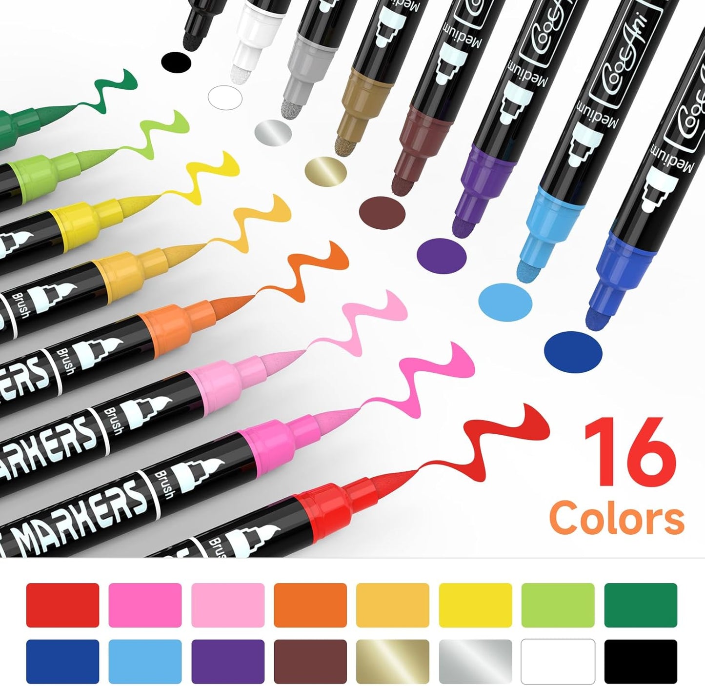 16 Colors Dual-tip Paint Marker, Brush and Medium Tip Acrylic Paint Markers for Wood,Rock Painting, Plastic, Canvas, Fabric, Glass,Mugs Almost Surface, DIY Project, Art Supplier