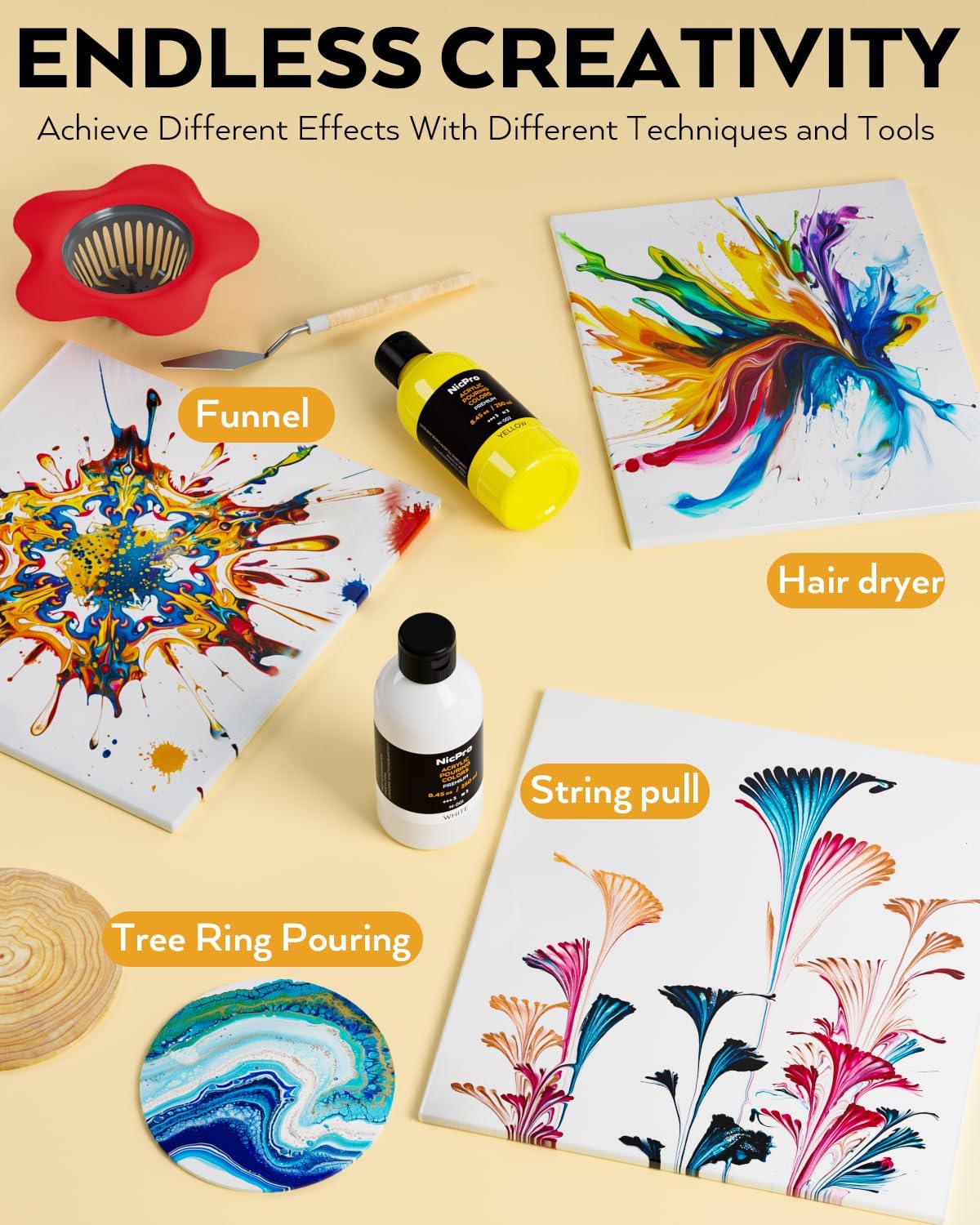 Nicpro 14 Colors 8.45oz Acrylic Pour Paint Supplies Kit, Large Volume Premixed High Flow Painting Bulk Set with Canvas, Wood Natural Slices, Pouring Oil, Tools Gloves, Strainer, Cups for Beginner DIY