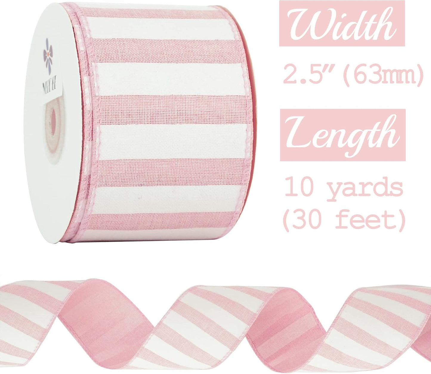 MEEDEE Pink Striped Burlap Ribbon - 2.5 Inch Wired Ribbon for Baby Girl Wreaths & Cakes, 10 Yards