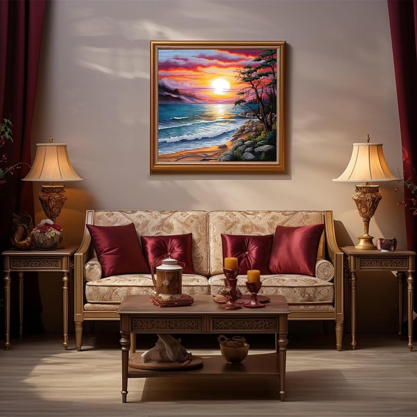 Xinpinzhou Seaside Landscape 11ct Cross Stitch Kits, 11 CT Funny Pre Printed Counted Stamped Cross Stitch Embroidery Needlepoint Patterns Kits for Beginners Adults Crossstitch 40x40 cm