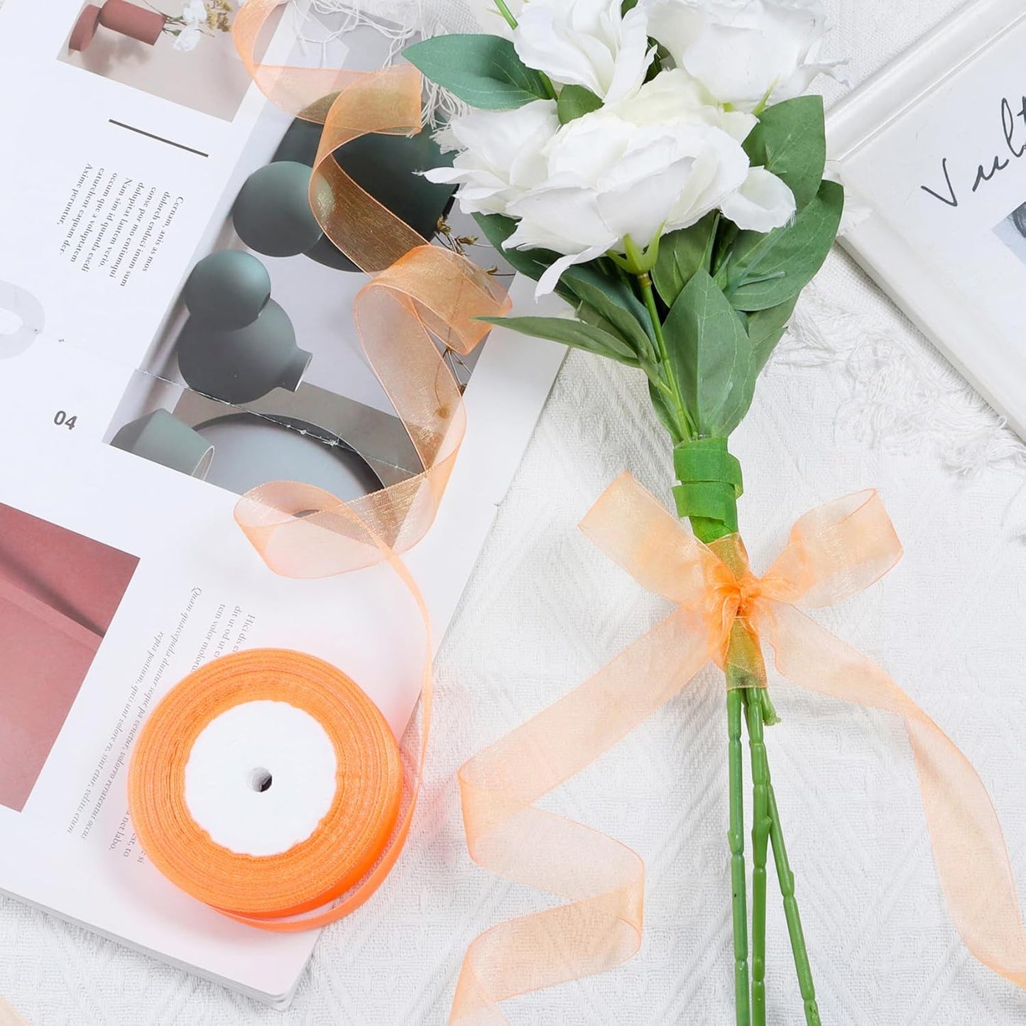 Ribbon for Gift Wrapping 3/4 inch Orange Sheer Organza Ribbon for Flower Bouquet Tulle Thin Chiffon Ribbons for Wedding Invitations Christmas Halloween Presents Decorations Crafts 50 Yards