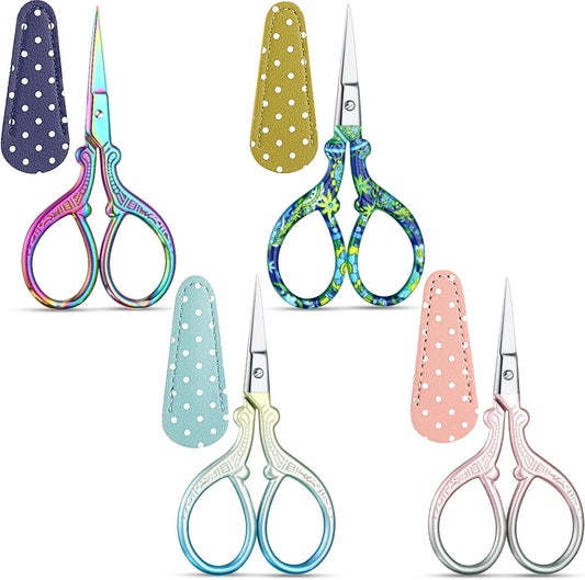 Honoson 4 Pcs Sewing Embroidery Scissors with 4 Pcs Artificial Leather Cover 3.6 Inch Stainless Steel Stork Scissors Vintage Embroidery for Needlework Manual Sewing Handicraft(Fresh Colors)