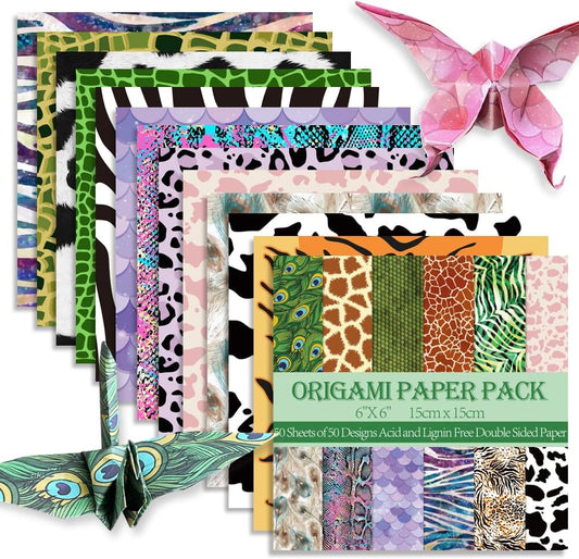 Square Origami Paper 6x6 Double Sided 50 Sheets 50 Colors 70GSM Origami Kit Japanese Chiyo Easy Fold Arts Crafts DIY Handwork Beginner Animal Fur
