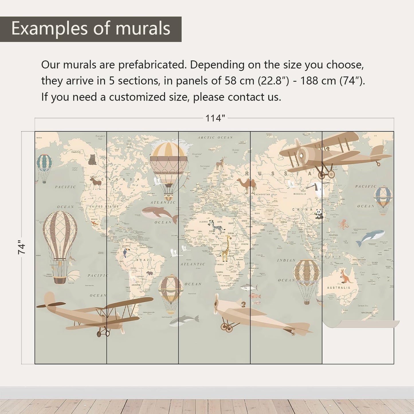 AFZEVEB-Vintage Animal Wallpaper Cartoon Aircraft Map Wall murals for Kids Room 114"x74"(Not Peel and Stick)