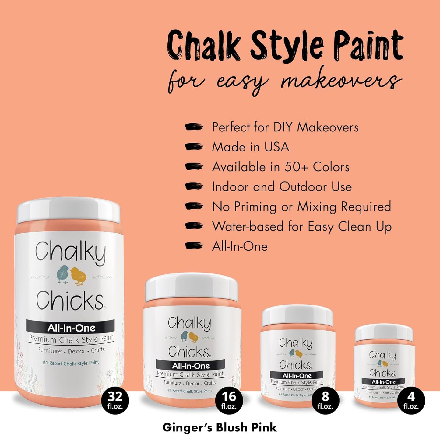 Chalky Chicks All-in-One Chalk Paint for Furniture or Cabinet - 4 Fl Oz - Matte Finish Gingers Blush Pink for Metal, Wood Furniture Paint - No Sanding All-in-One for Home Decor & Crafts, USA Made