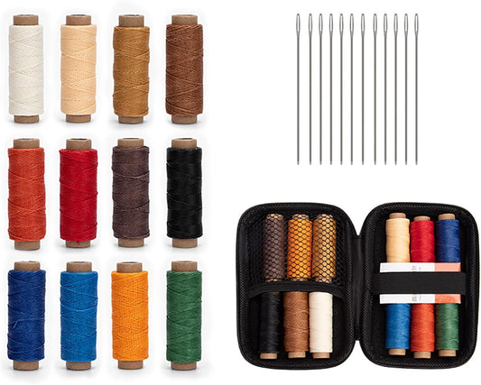 WUTA Leather Waxed Thread Round Polyester Sewing Threads with 12 Pcs Needles and Storage Bag Leather Craft Hand Stitching Line DIY Bracelet Thread Repair Work Cord (0.45mm