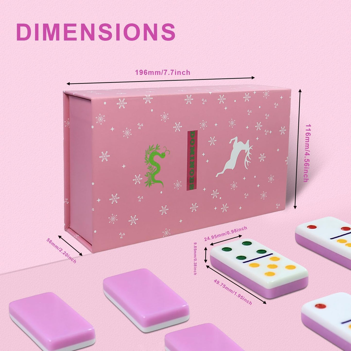 IDTQ Dominoes Set for Adults, Double 6 Dominos Game Set with 28 Domino Tiles Double with Upscale Gift Boxes -7 Polyhedral Dice -Classic Board Games (Pink)