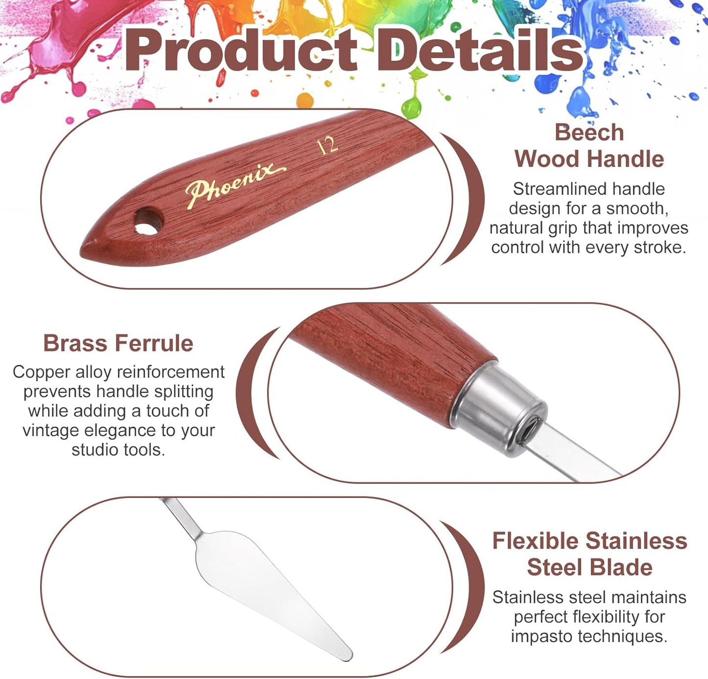 MECCANIXITY Pack of 1 Palette Knife No.12, 8.5" Long Palette Knives with Stainless Steel Flexible Spatula Pallet Knife and Wood Handle for Scraping, Mixing, Oil Acrylic Painting Canvas