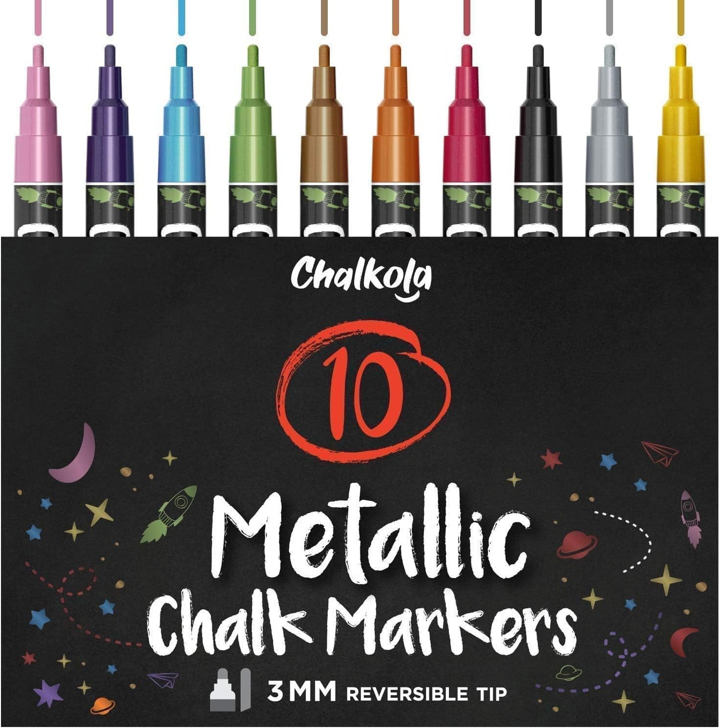 Metallic Liquid Chalk Markers Fine Tip - Dry Erase Marker Pen for Chalkboard Signs, Windows, Blackboard, Glass - 3mm Reversible Tip (10 Pack)