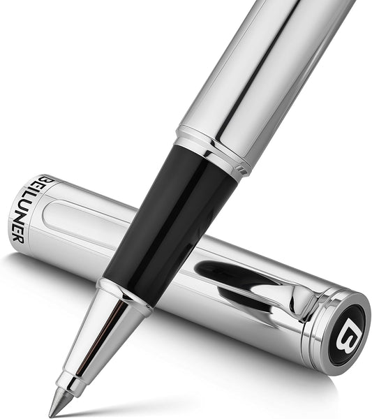 BEILUNER Luxury Silver Rollerball Pen, Stunning Bright Silver Chrome Finish,Noble and Elegant Designs,Schneider Ink Refill, Best Gift Pen for Men & Women, Professional, Executive Office, Fancy Pens