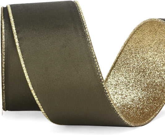 Ribbli Dark Moss Velvet Wired Ribbon 2.5 Inch Moss Green Velvet with Gold Glitter Christmas Ribbon for Christmas Tree Decoration Big Bow Gift Wrapping Crafts Wreaths Supplies- 10 Yards