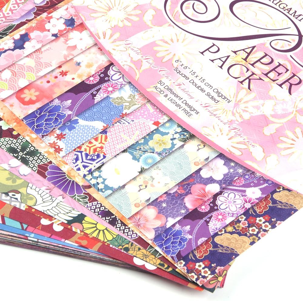 Origami Paper Kit 50 Sheets 70GSM 6 Inch Square Double Sided Color 50 Vivid Japanese Washi Chiyo Colors for Hand Crafts Origami Paper Arts Creativity.Japanese Sakuras