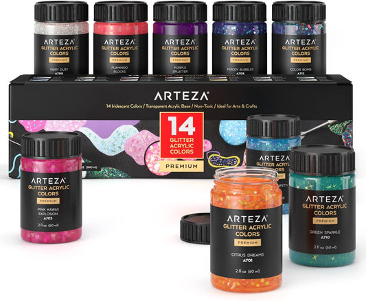 ARTEZA Glitter Acrylic Paint, 14 Iridescent Colors, 2 fl oz Bottles, Transparent Base, Iridescent Paint with Chunky Glitter, Art Supplies for Adding Accents to Canvas, Paper, Wood, and Glass