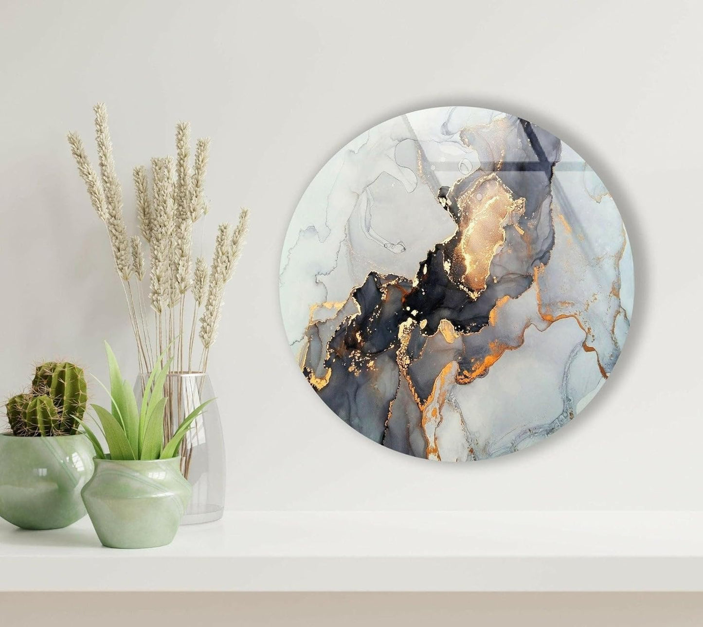 My Photostation.com 39,4''(100cm) Diameter Gold Details Gray Marble Round Glass Wall Art Tempered Glass Printing Wall Decor Large Wall Art Wall Hangings