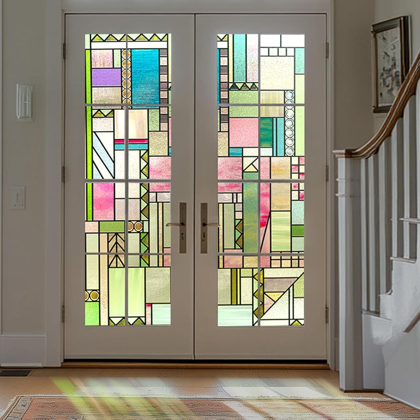 3D Stained Glass Window Privacy Film, Heat Control UV Blocking Static Cling Decorative Window Film for Bathroom,Front Door,Home Non Adhesive 16.9 x 78.7 inches Colorful Abstraction