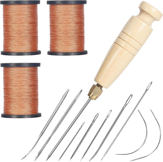 3-Spool Nylon Thread Kit - Each 80 Yards, Includes Sewing Awls & Needles for Hand Sewing, Upholstery & Leather Repair, Brown