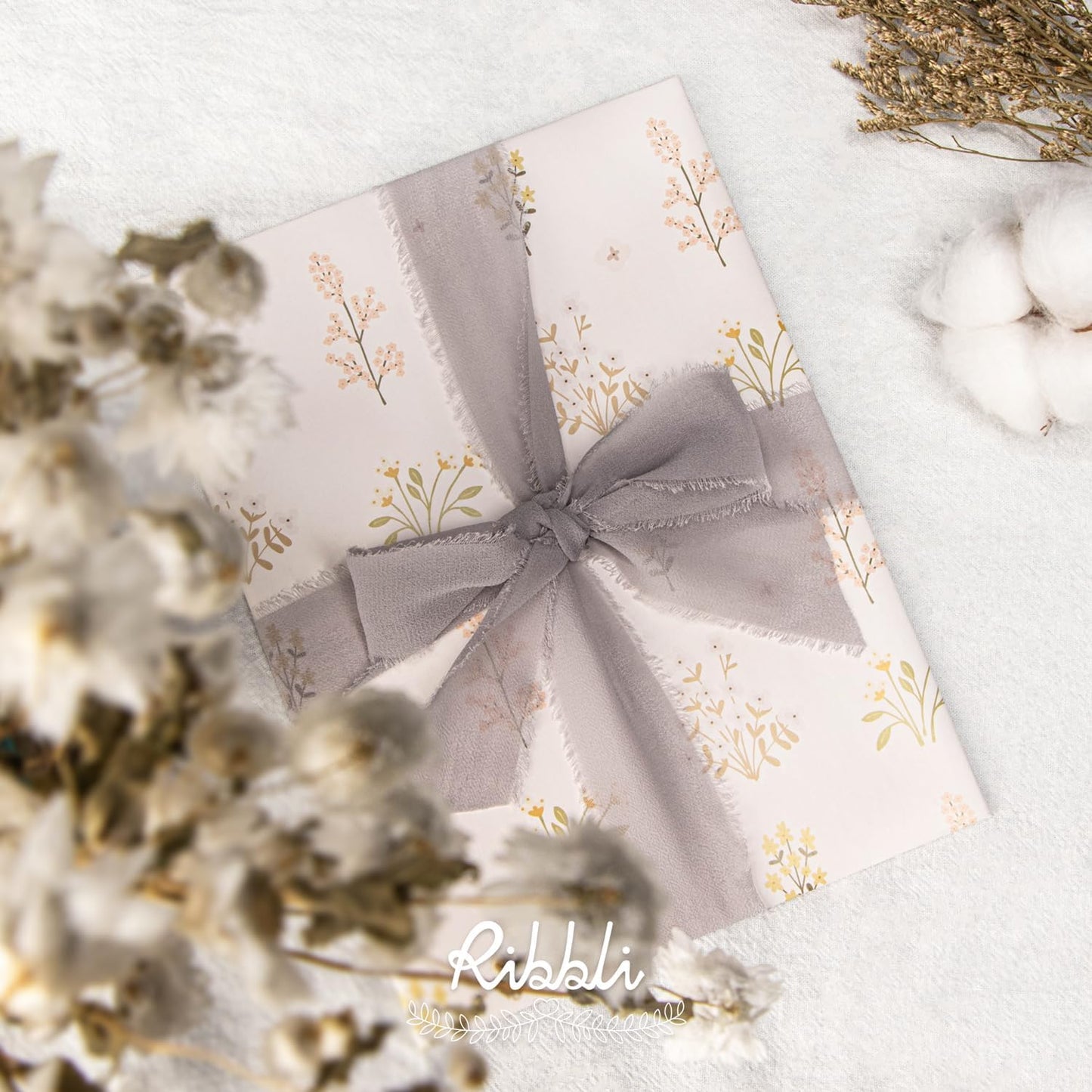 Ribbli Light Grey Chiffon Ribbon 1-1/2 inch x 20 Yard Handmade Fringe Chiffon Silk Ribbon for Wedding Invitations, Bridal Bouquets Wrapping, Flower Arrangement Decoration