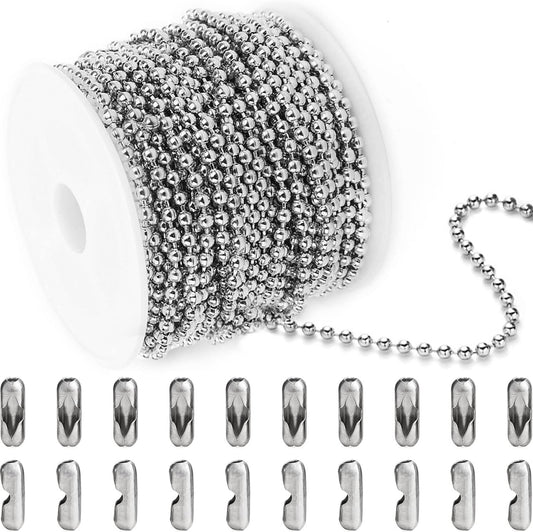 Jishi Steel Ball Chain Bead Dog Tag Chain Beaded Necklace Chains for Jewelry Making Bracelet Military Crafts, Silver Metal Pull Chain Small Ball Bead Chain Roll w/20 Connectors (Silver, 33ft 3.0mm)