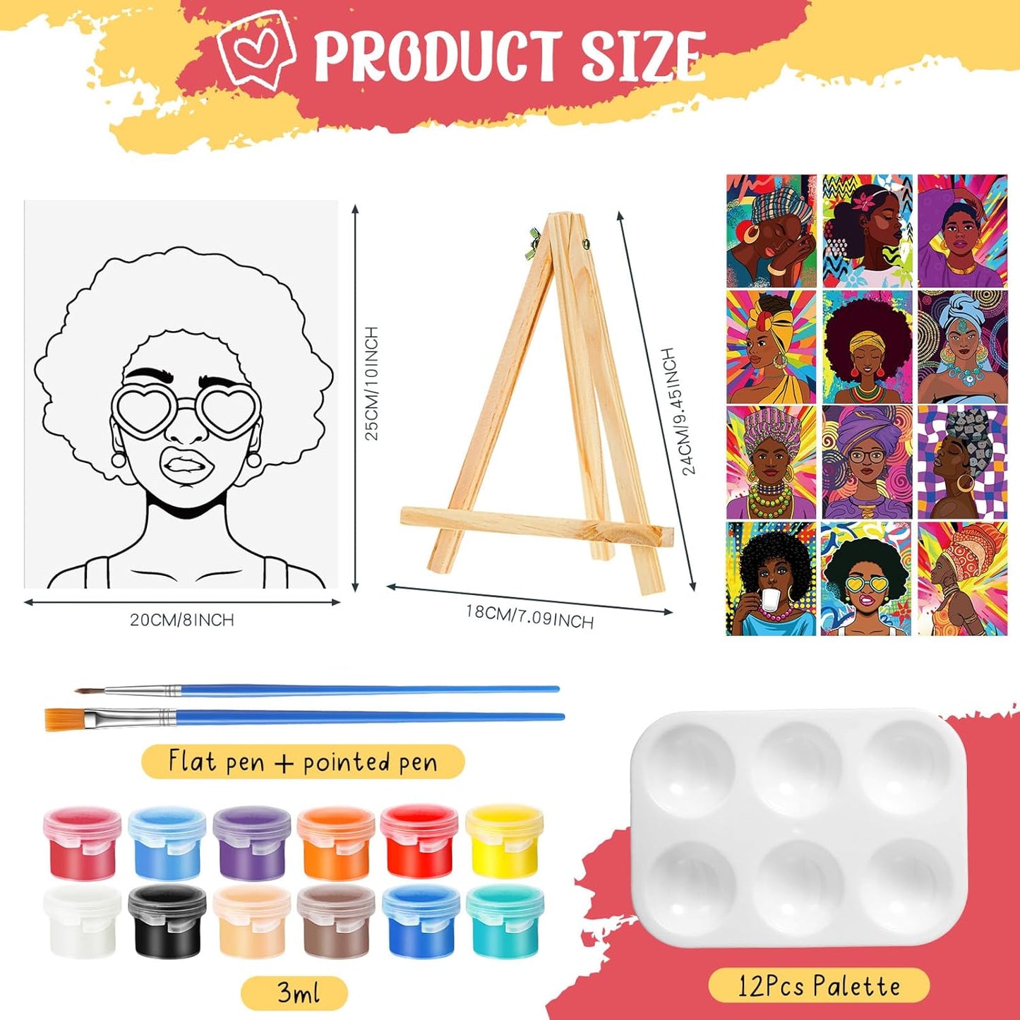 Zhanmai 12 Pack Pre Drawn Canvas for Painting Sip and Paint Kit 8" x 10" Paint Party Set Canvas Painting Pre Printed Canvases for Party Favor DIY Virtual Adult's Date Night(Afro Queen)