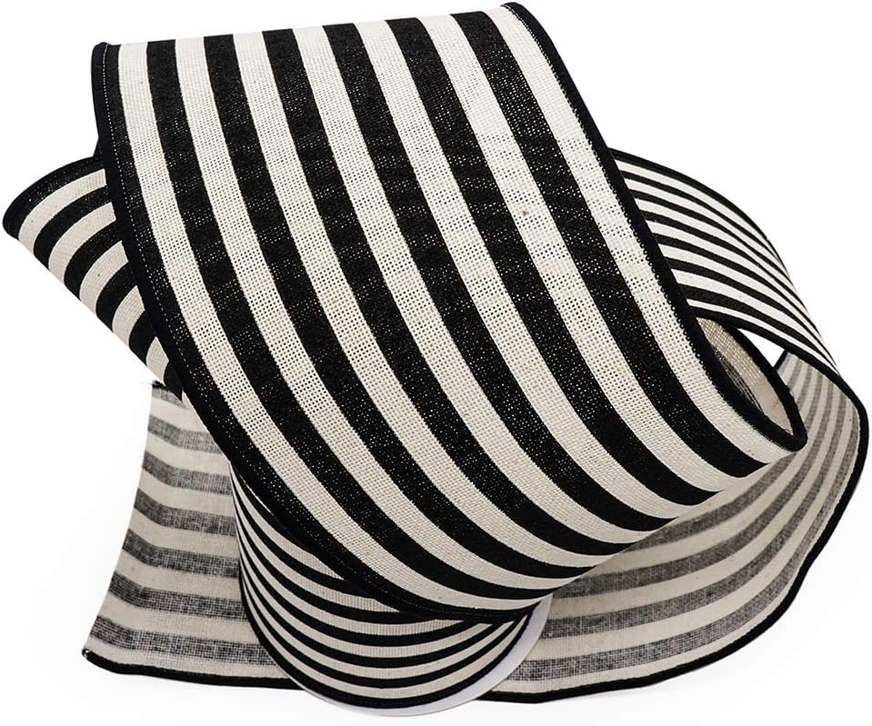 CT CRAFT LLC Striped Canvas Cotton Ribbon 4" x 10 Yards Ivory/Black Stripes for Thanksgiving Christmas Home Décor Gift Wrapping Outdoor Tree Topper Bow Wreath