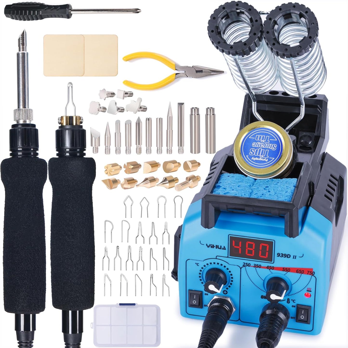 YIHUA 939D-II Pyrography Pen Wood Burning Kit Station 2-in-1 Solid-Point 200~480°C (with Temp Display)/Wire-Nib 250~750°C with 20 Nibs, Solid Points, 1 Stable Pen Holder, 2 Scrap Wood (Blue)