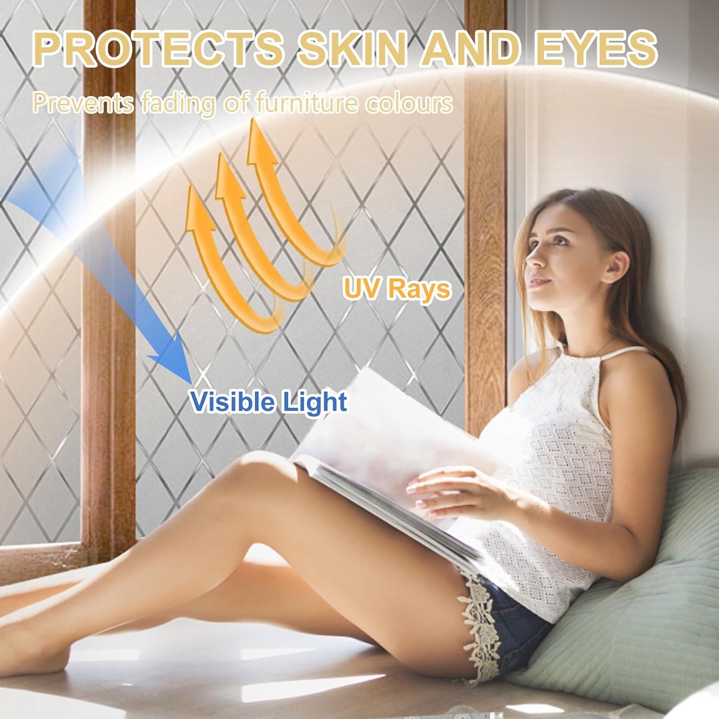 Window Privacy Film Decorative for Front Door, Bathroom Static Cling Stained Glass Sticker Opaque Heat Control UV Blocking Non-Adhesive for Home,Grid 23.6 x 78.7 inches