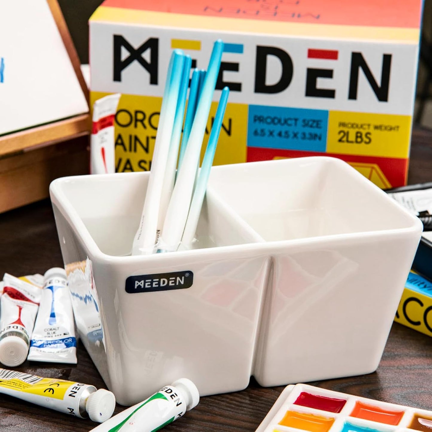 MEEDEN Ceramic Paint Palette, Paint Brush Wash Bowl, 2 Deep Well Artist Paint Palette, White Porcelain Watercolor Painting Dish, Large Capacity Paintbrush Washer for Watercolor Gouache Painting