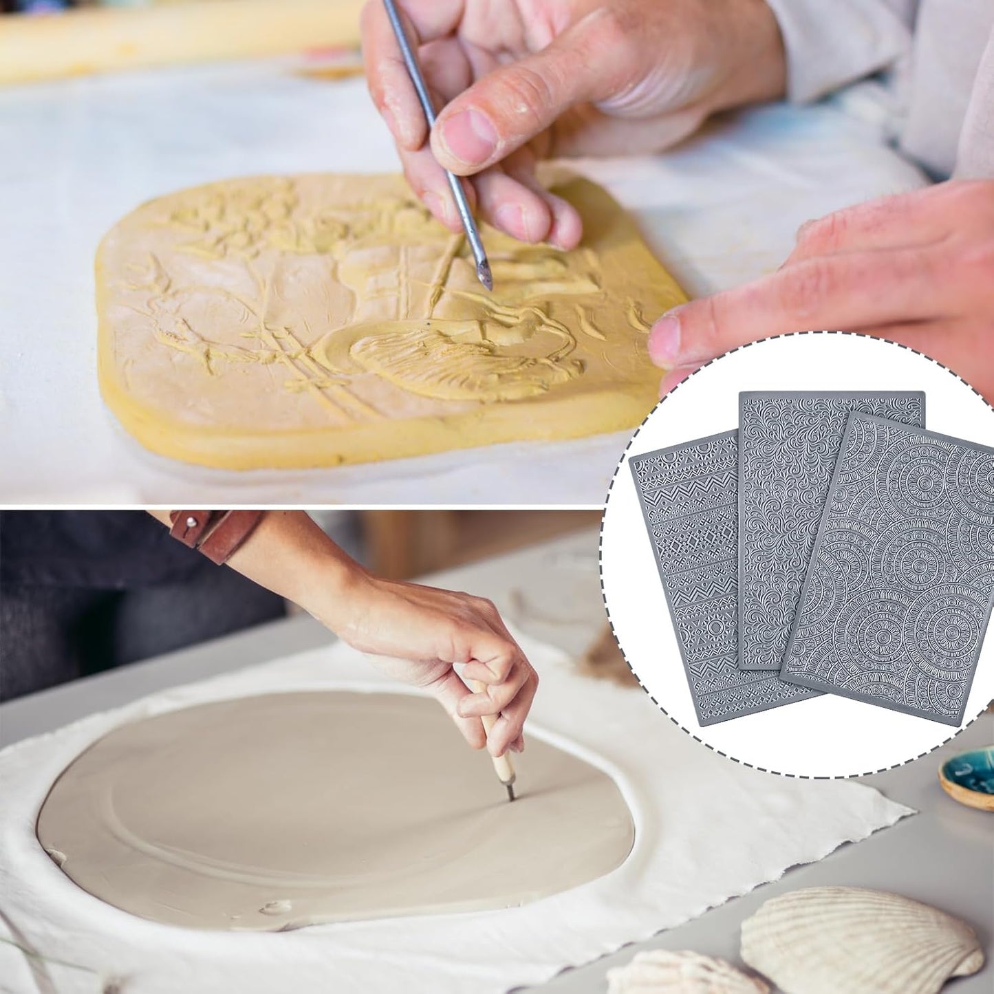 12 Pcs Polymer Clay Texture Sheets Mat Works with Polymer Clay Cutter Embossin Roller DIY Tools for Pottery Earrings Jewelry Making DIY Craft Supply