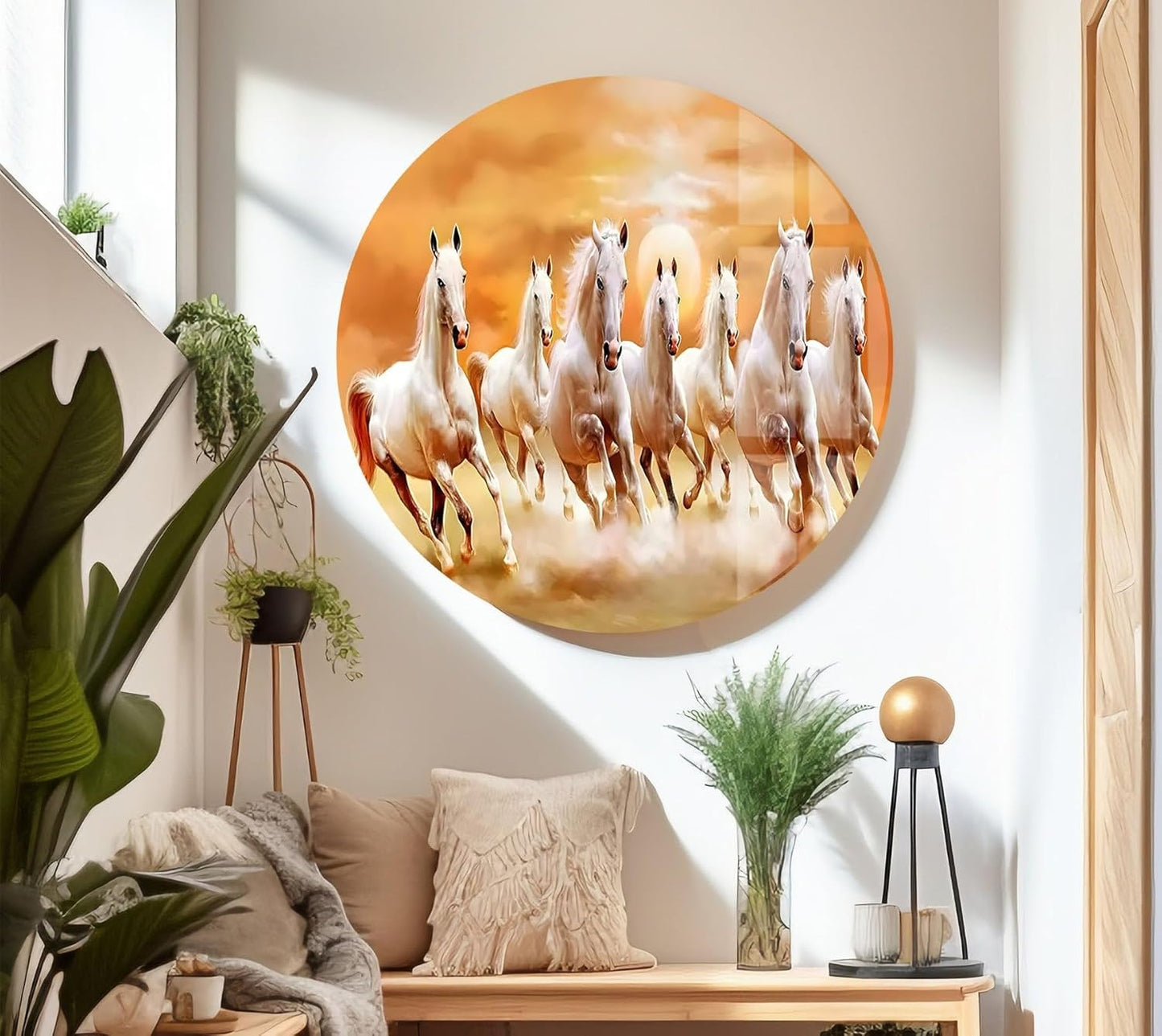 My Photostation.com 20Wx14H'' White Horses Running on Sunset Glass Wall ArtTempered Glass Printing Wall Decor Large Wall Art Wall Hangings