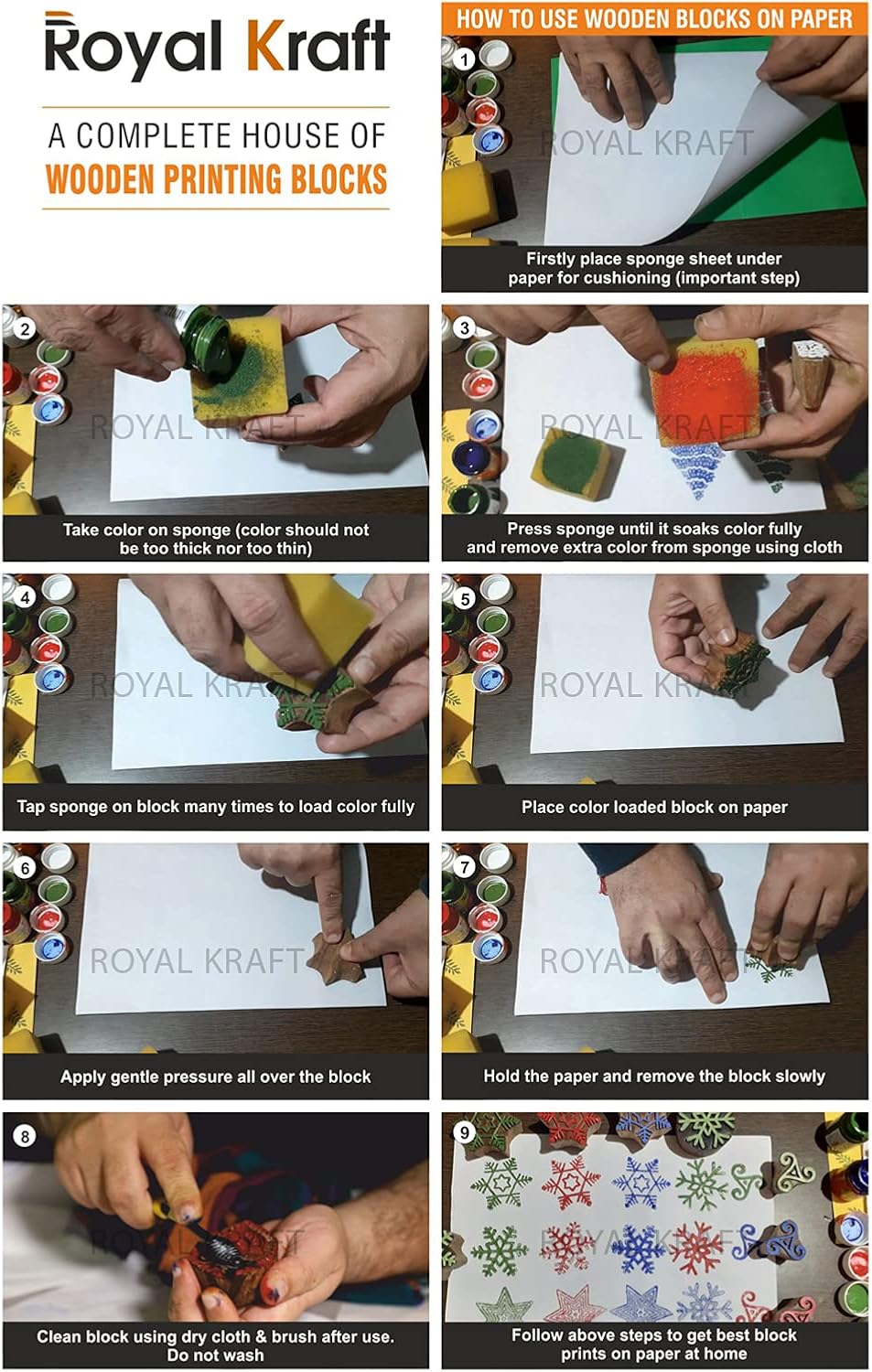 Royal Kraft Wooden Stamps for Block Printing on Saree Border, Textile, Clay, Pottery, Tattoo (Set of 10) MXtag0007