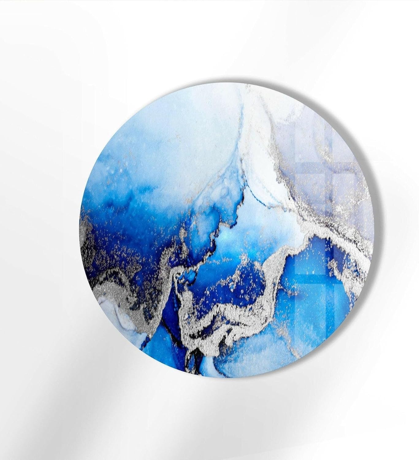 My Photostation.com 31.5''(80cm) Diameter Blue Marble Round with Silver Details Glass Wall Art Tempered Glass Printing Wall Decor Large Wall Art Wall Hangings