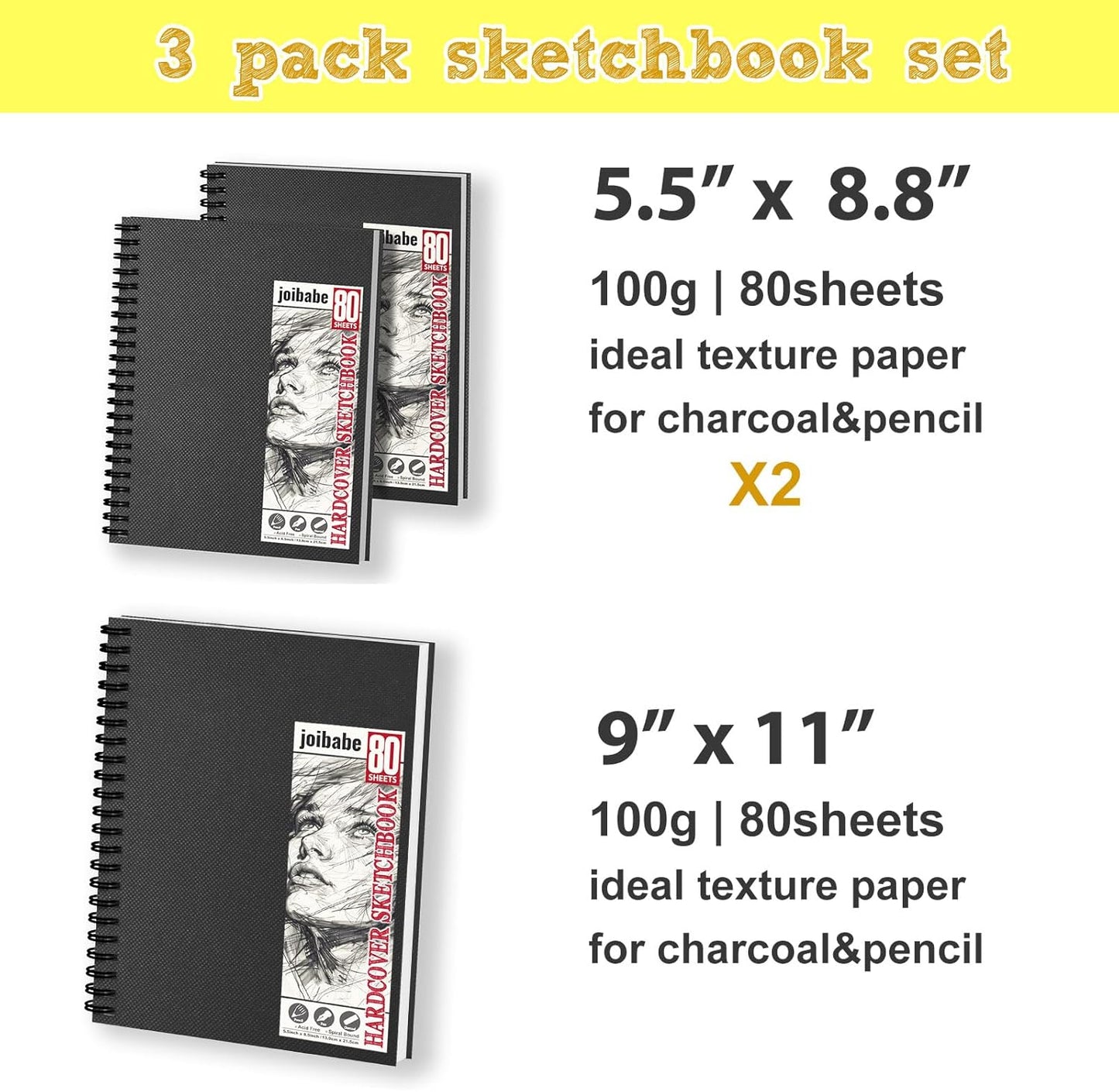 2PACK 5.5x8.5 and 1Pack 9 x 11 inches Hardcover Sketch Book，3 Pack 80-Sheets (68lb/100gsm)，Double-Sided Hardbound Sketchbook, Spiral Bound,Acid Free Painting Art Paper for Kids and Adults
