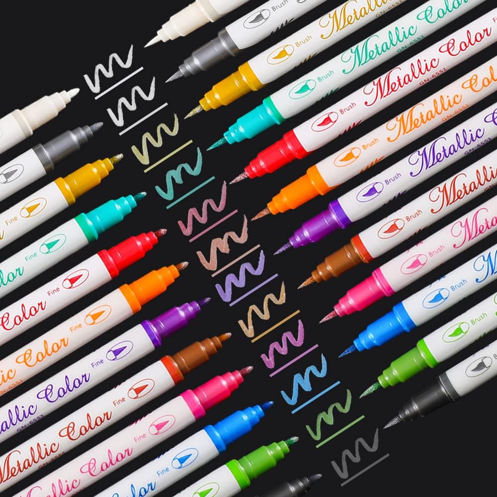 Sunshilor Metallic Markers Dual Tip Metallic Marker Pens Brush and Fine Point Pens for Black Paper, Rock Painting, Easter Egg, Halloween Pumpkin, Card Making, Metal, Ceramic, Wine Glass