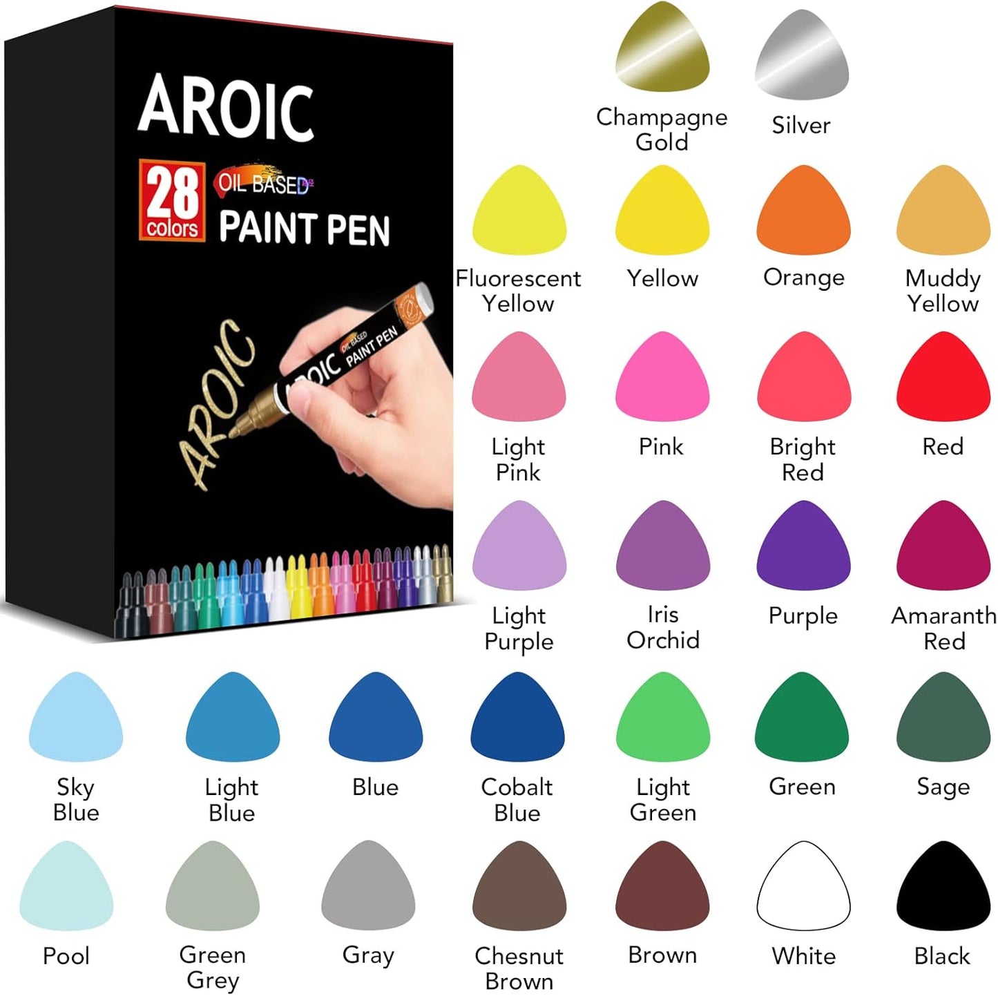 AROIC Paint Markers, 28 Colors Oil-Based Waterproof Paint Marker Pen Set.Quick Dry and Permanent Painting Markers Set for Rock, Wood, Metal, Plastic, Glass, Canvas, Ceramic & More! Safe and odorless.