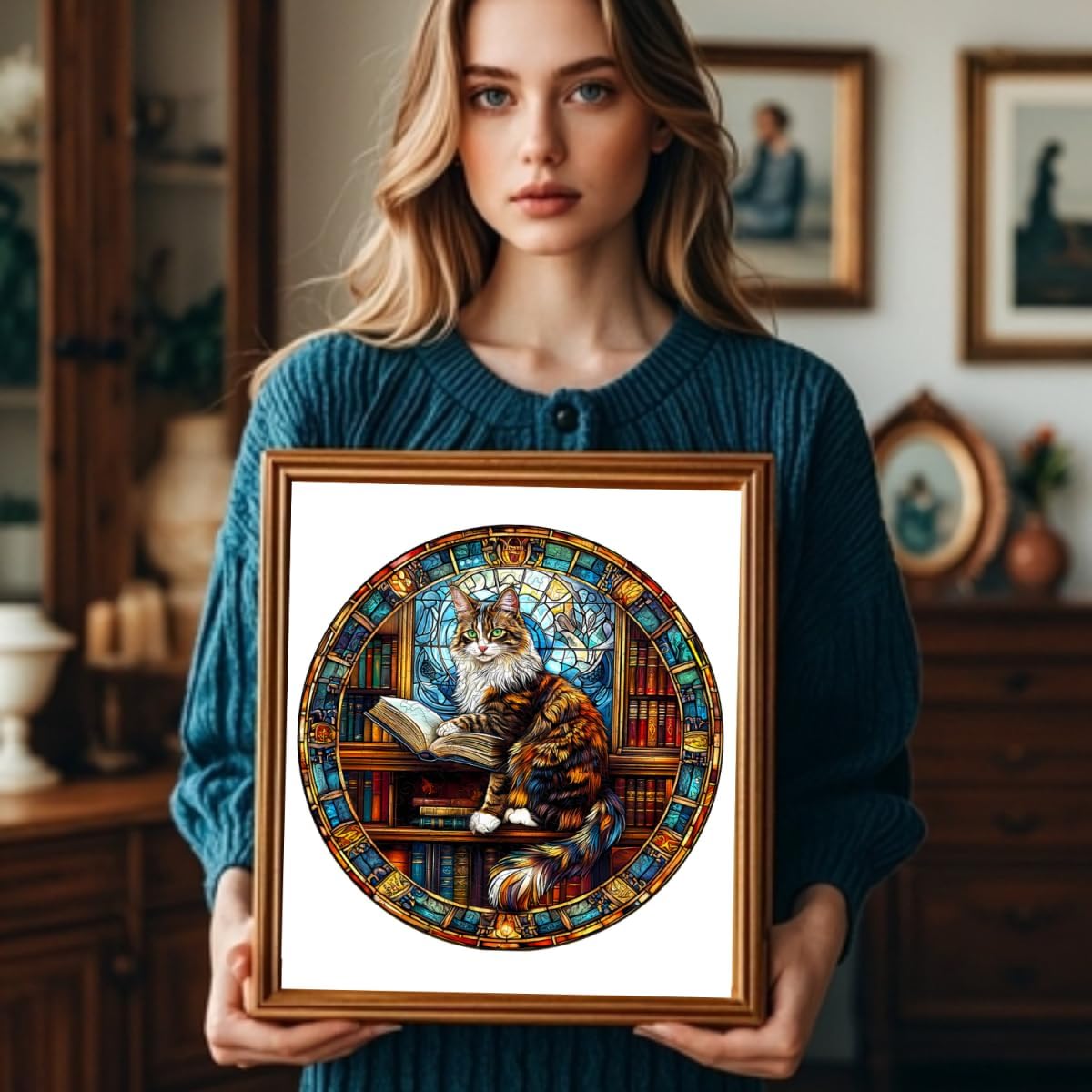 Wooden Puzzles Adults, Maine Cat Library Wooden Puzzles 300 Pieces, Unique Animal Shaped Wood Challenging Jigsaw Puzzles Gifts for Adults, 13.4x13.4in