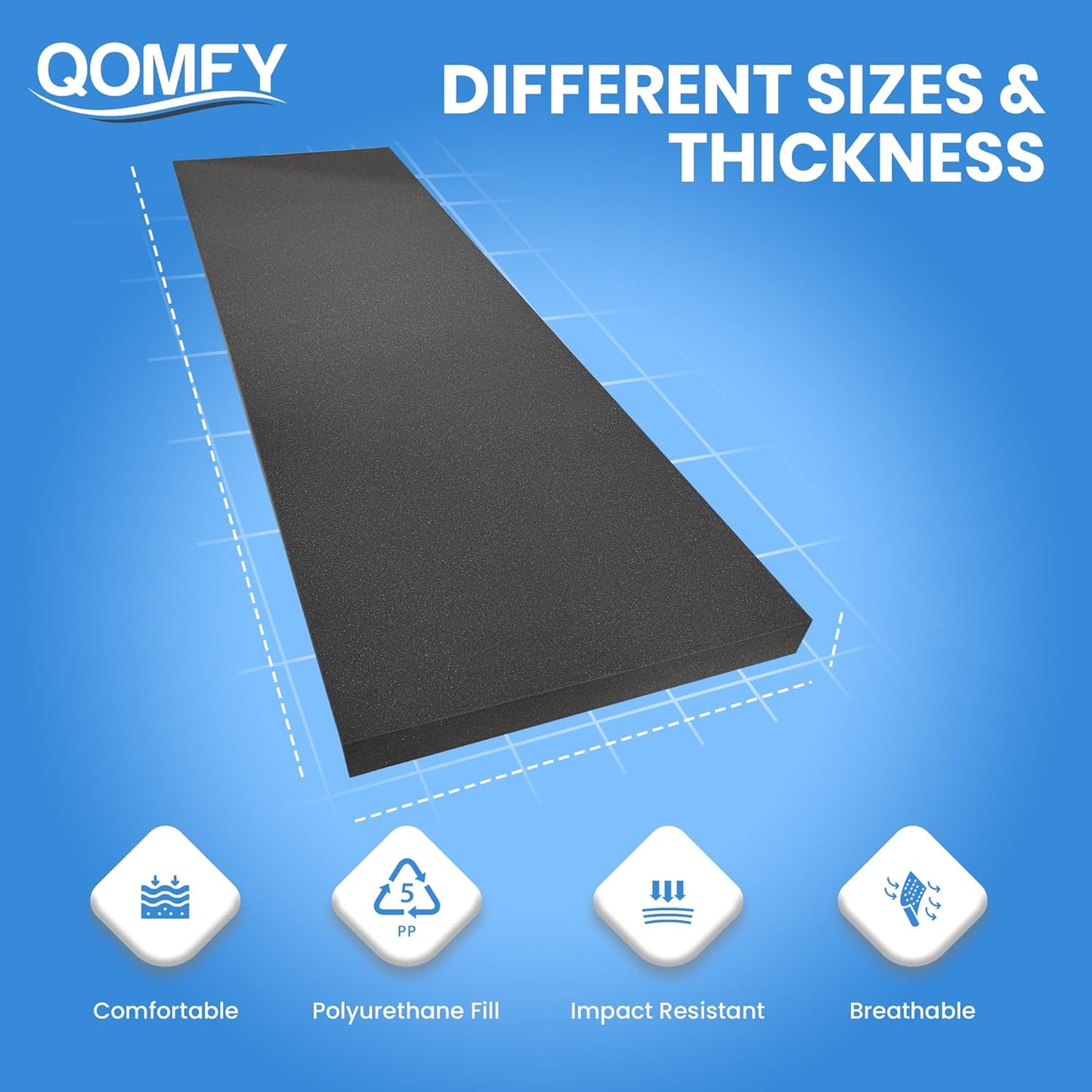 QOMFY 4" Height x 18" Width x 42" Length Charcoal Upholstery Foam Sheet | Made in USA | Multi-Purpose Foam for Upholstery, DIY, Packaging & Acoustic Projects