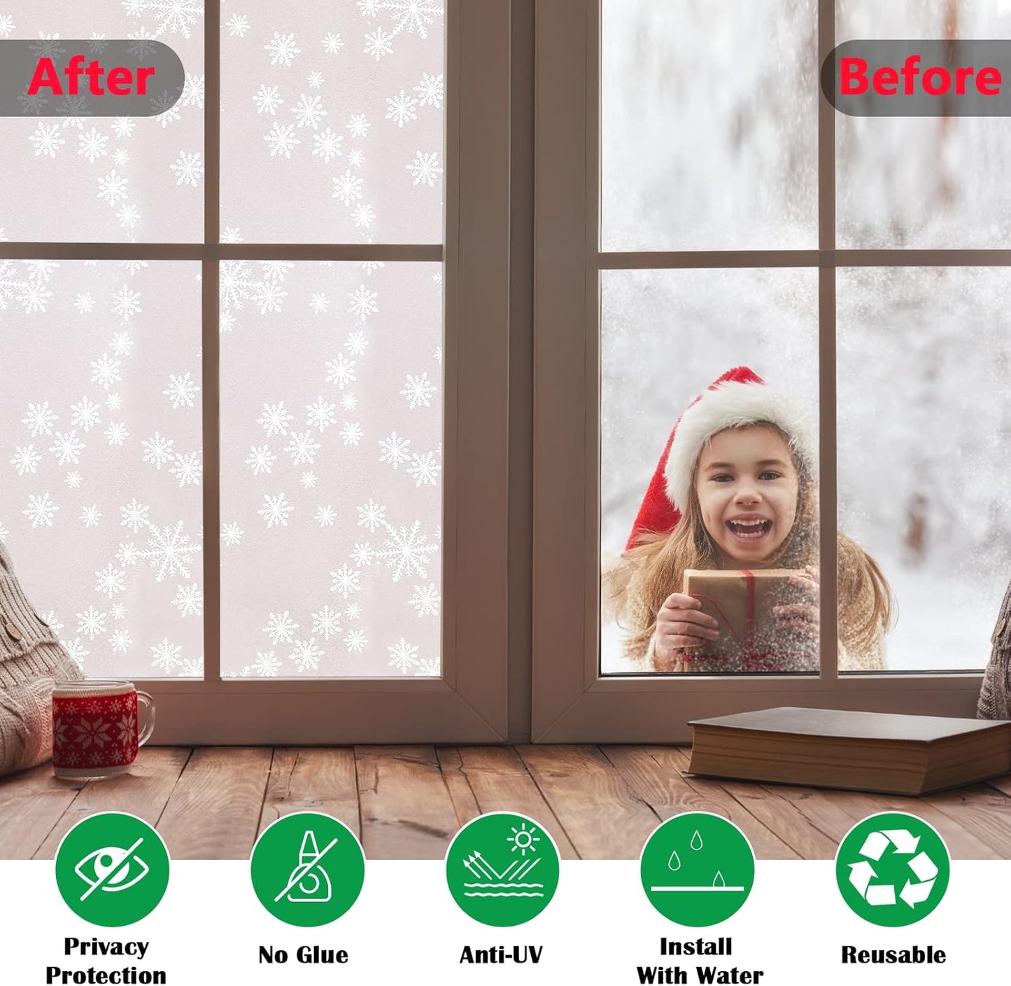 Niviy Privacy Window Film Christmas Decorations Snowflakes Window Clings Decals Stickers Non Adhesive Frosted Glass Film Heat Control 23.6” x 78.7”