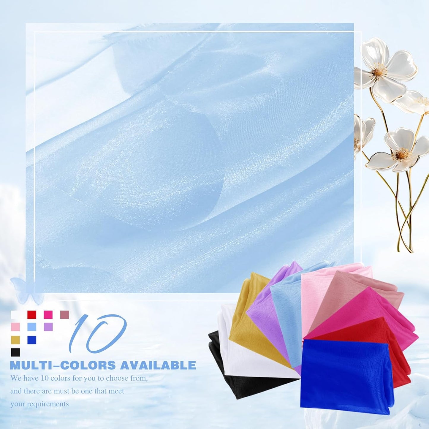 VACVELT Sheer Organza Fabric by The Yard, 60 Inch Wide Light Blue Organza Fabric Bolt Bridal Sheer Tulle Fabric, Silk Organza Fabric Roll for Wedding Party Decorations Backdrop Curtain (10 Yards)