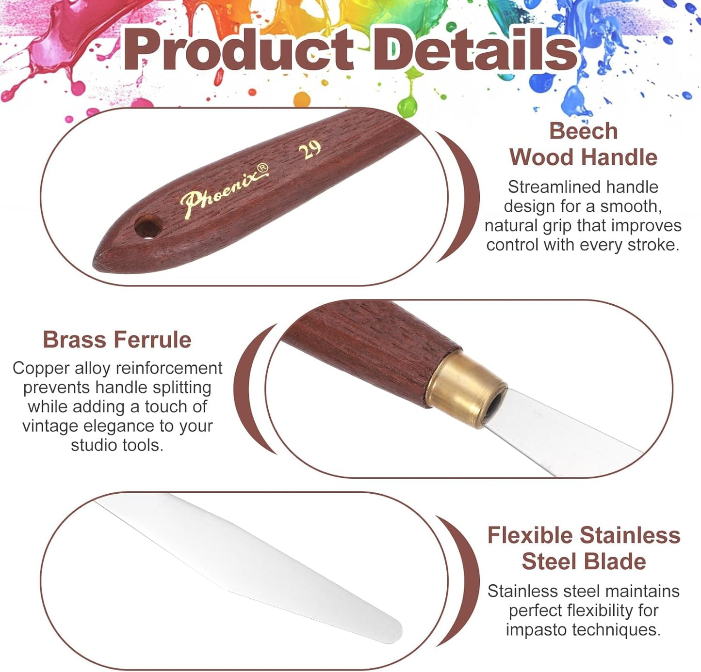 MECCANIXITY Pack of 1 Palette Knife No.29, 8.5" Long Palette Knives with Stainless Steel Flexible Spatula Pallet Knife and Wood Handle for Scraping, Mixing, Oil Acrylic Painting Canvas