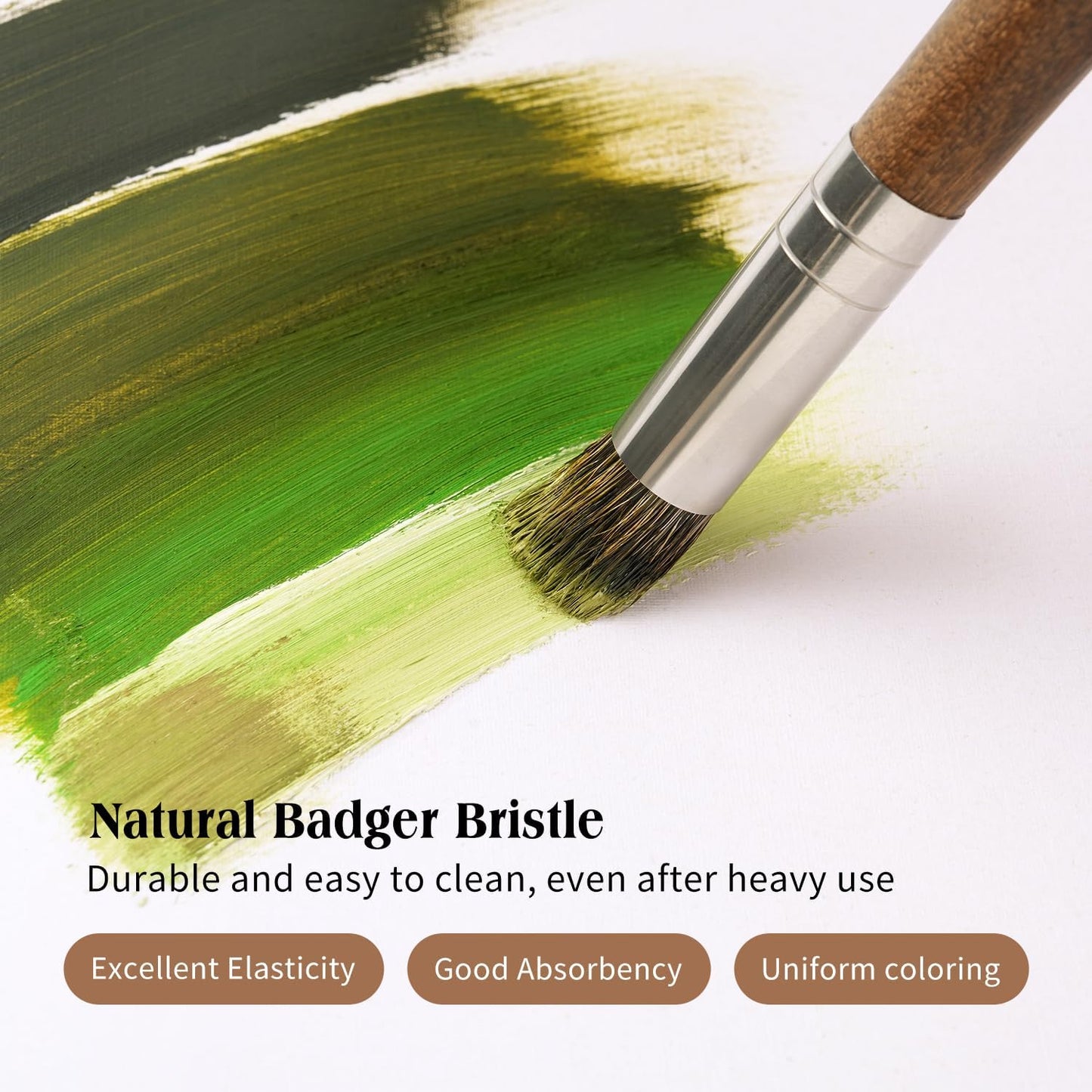 Professional Oil Paint Brushes, Fuumuui 5Pcs Natural Badger Bristle Blending Brush Set for Acrylic, Oil and Gouache - Round Flat Top Shape with Birch Handle