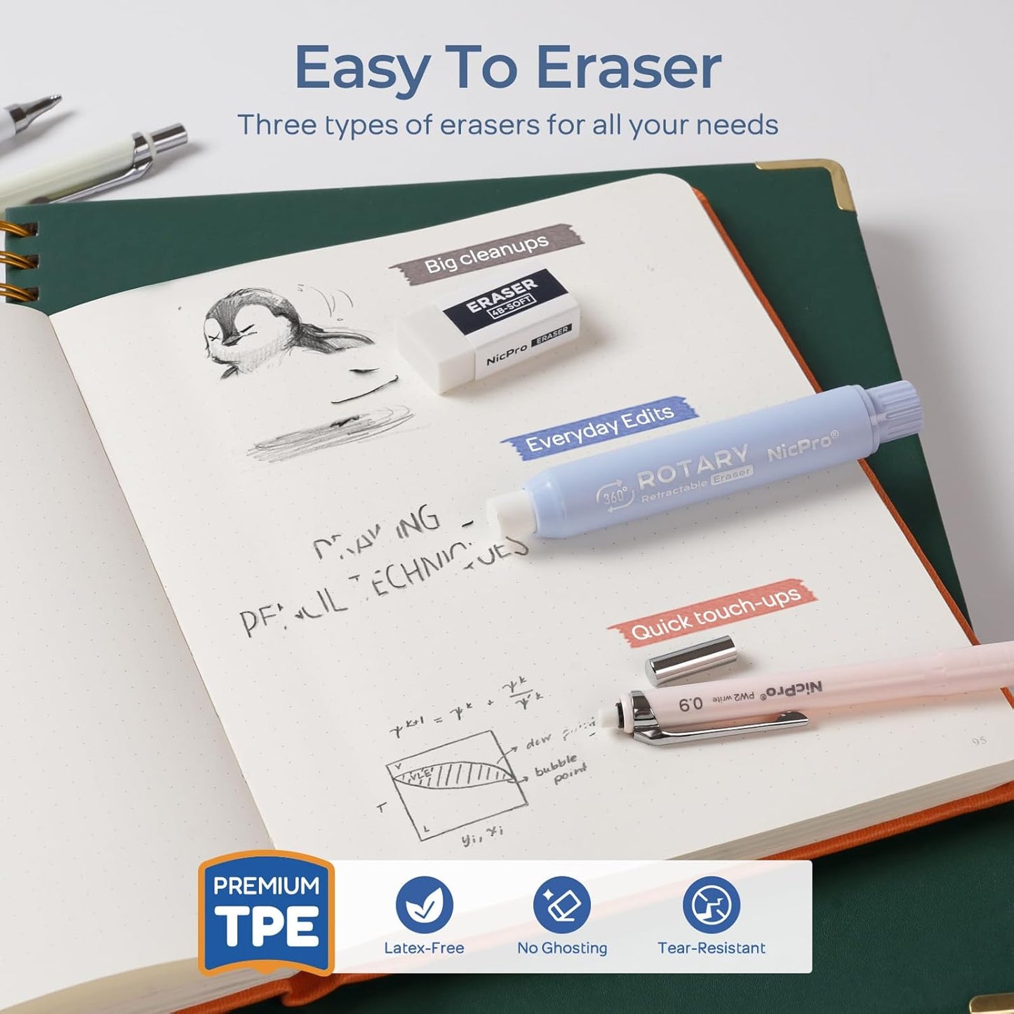 Nicpro Cute Mechanical Pencil Set, 4PCS 0.9mm Pastel Drafting Pencils with 4 Tube HB Lead Refills, 4B Erasers, Rotary Retractable Eraser and Eraser Refill for Writing Sketching Back to School Supplies