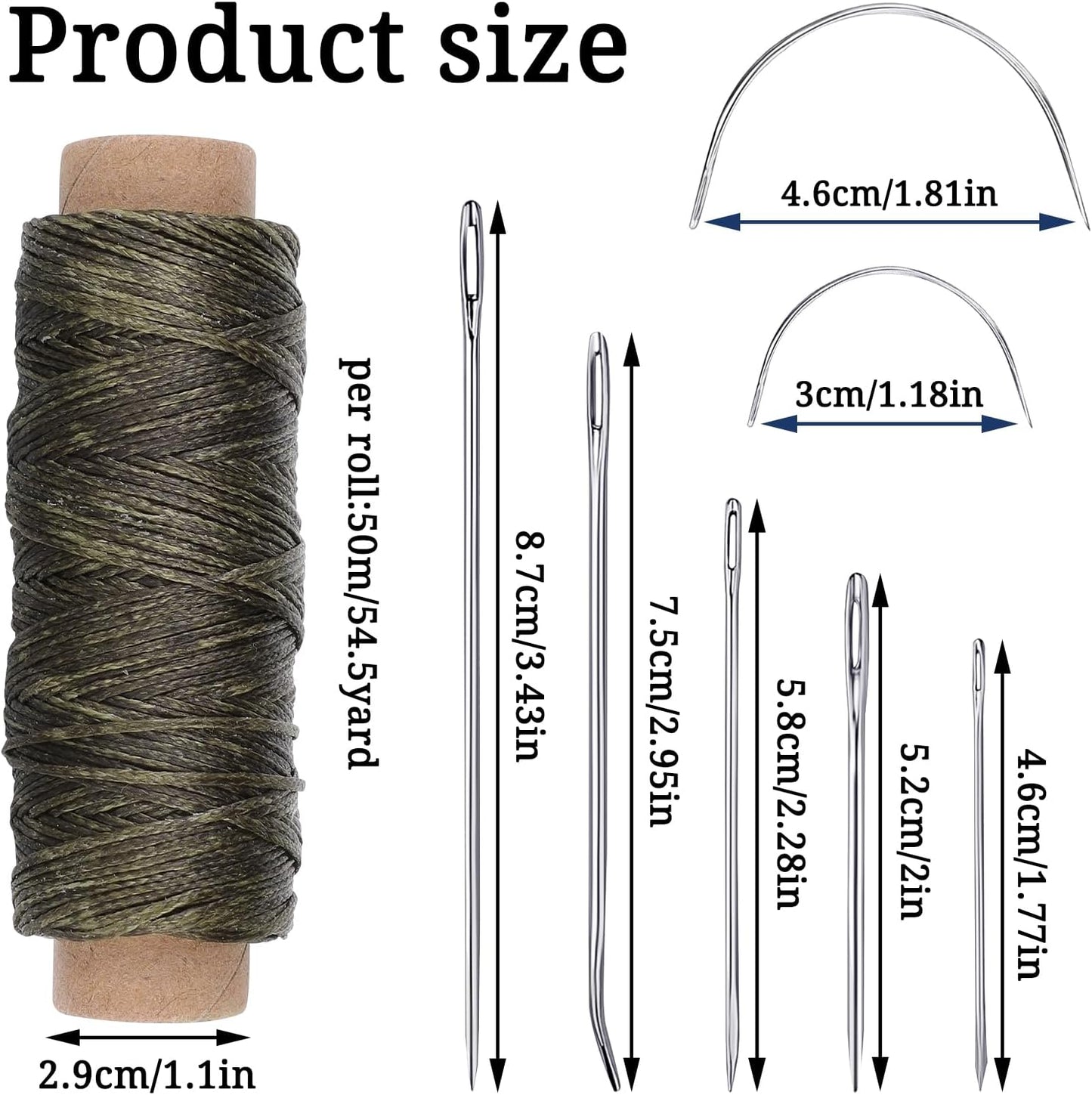 Pimoys 55Yards Waxed Thread with 7 Pcs Leather Needles for Hand Sewing 150D Flat Sewing Waxed Thread Leather Repair Needles for Sewing Upholstery Leather Canvas Bags Sofa Furniture(Army Green)