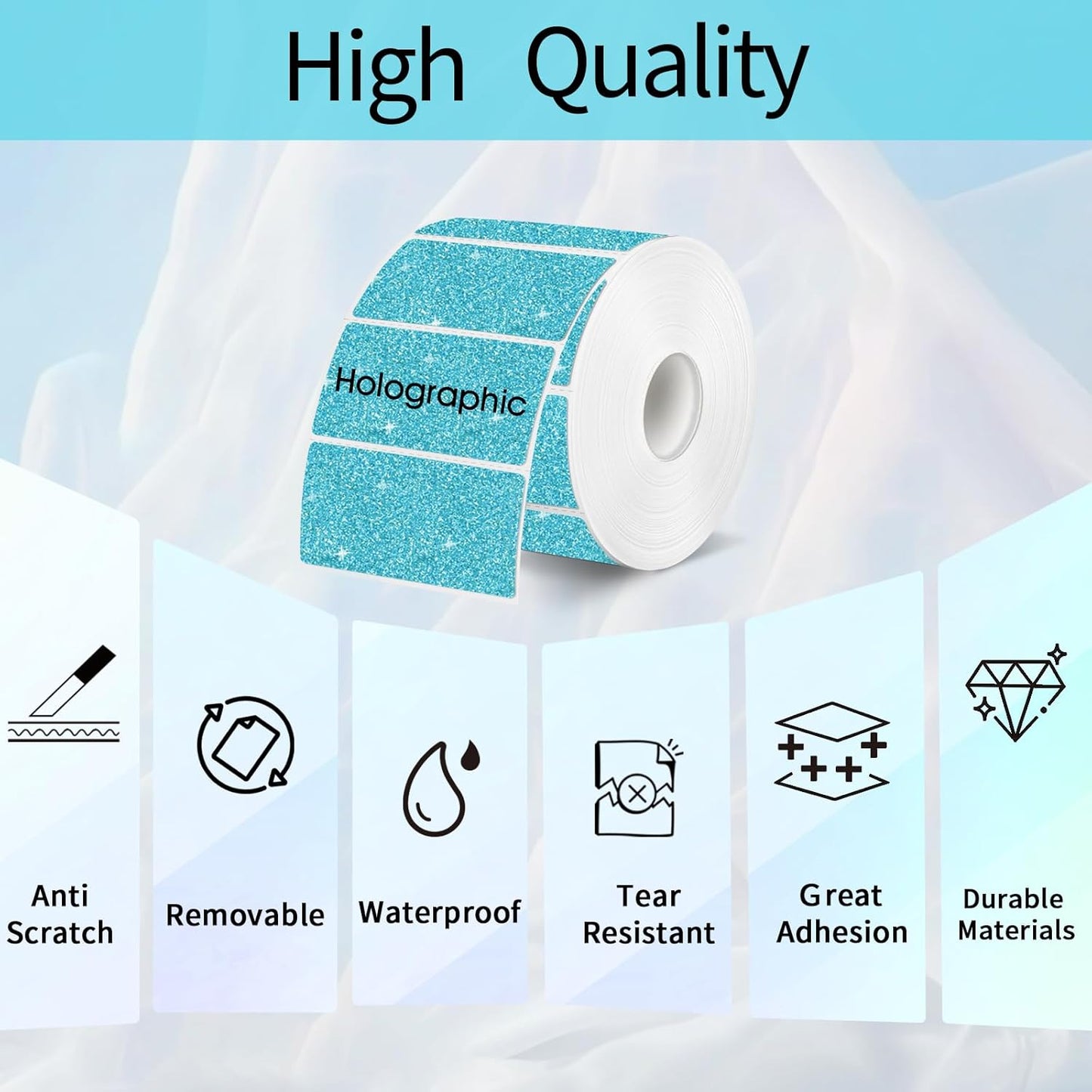 2.25"x1.25" Holographic Thermal Labels Stickers, Glitter Direct Thermal Printer Labels, Waterproof Self-Adhesive Address Shipping Label Stickers, 300 Sheet/ 1 Roll, Holographic Shiny Blue