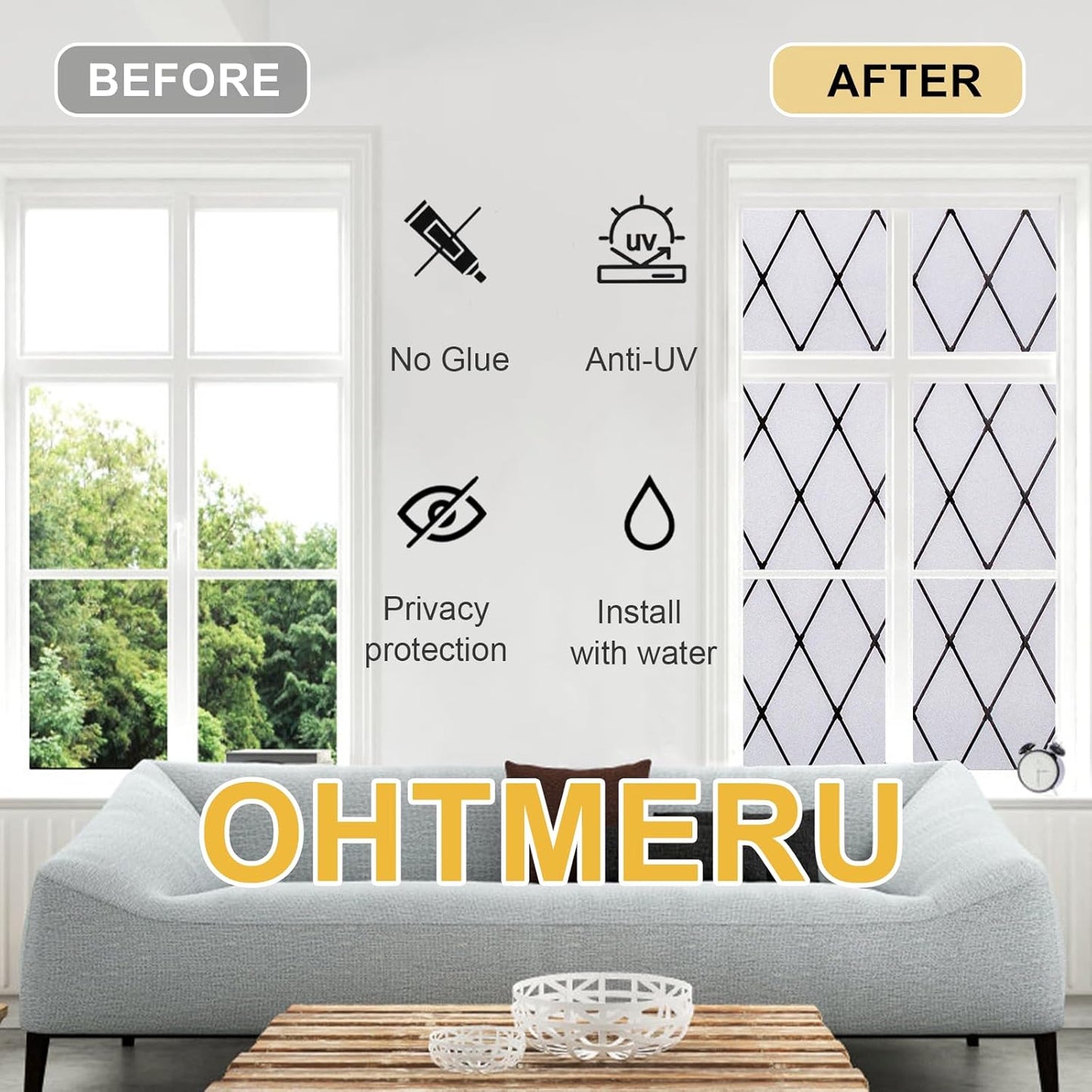 Window Privacy Film Decorative for Front Door, Bathroom Static Cling Stained Glass Sticker Opaque Heat Control UV Blocking Non-Adhesive for Home,Black Grid 17.5 x 78.7 inches