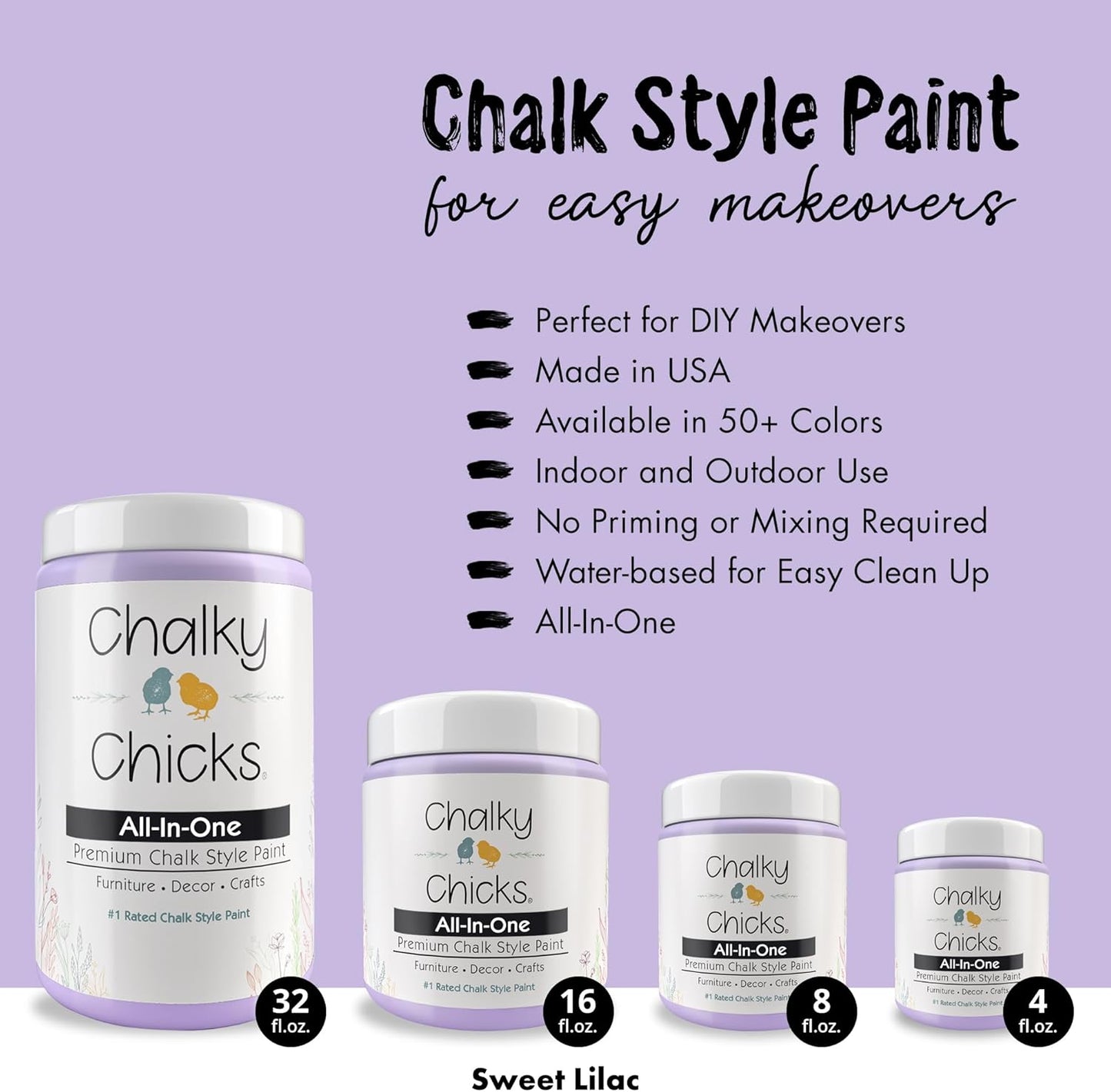 Chalky Chicks All-in-One Chalk Paint for Furniture or Cabinet - 8Fl Oz-Matte Finish Sweet Lilac (Light Purple) for Metal, Wood Furniture Paint - No Sanding All-in-One for Home Decor & Crafts, USA Made